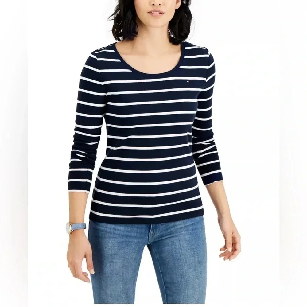 *NWOT*TOMMY HILFIGER | Women's Striped Scoop Neck Long-Sleeve SweaterTop Size XL